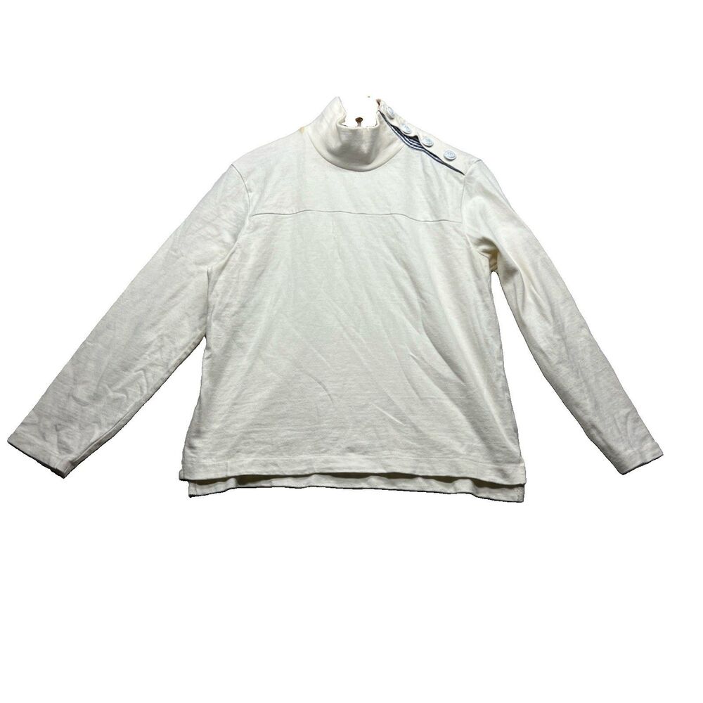 J. Crew White Cotton Button-Shoulder Turtleneck Sweater Size Small S Sailor FLAW